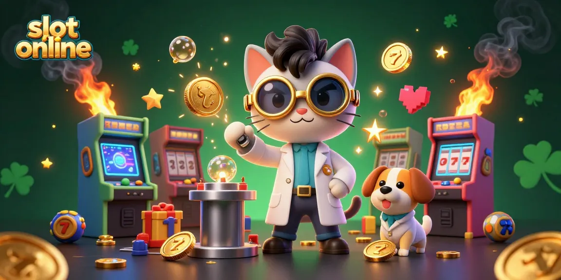 Spin the reels with slot online excitement, as cartoon scientists create gold coins in a vivid casino lab.