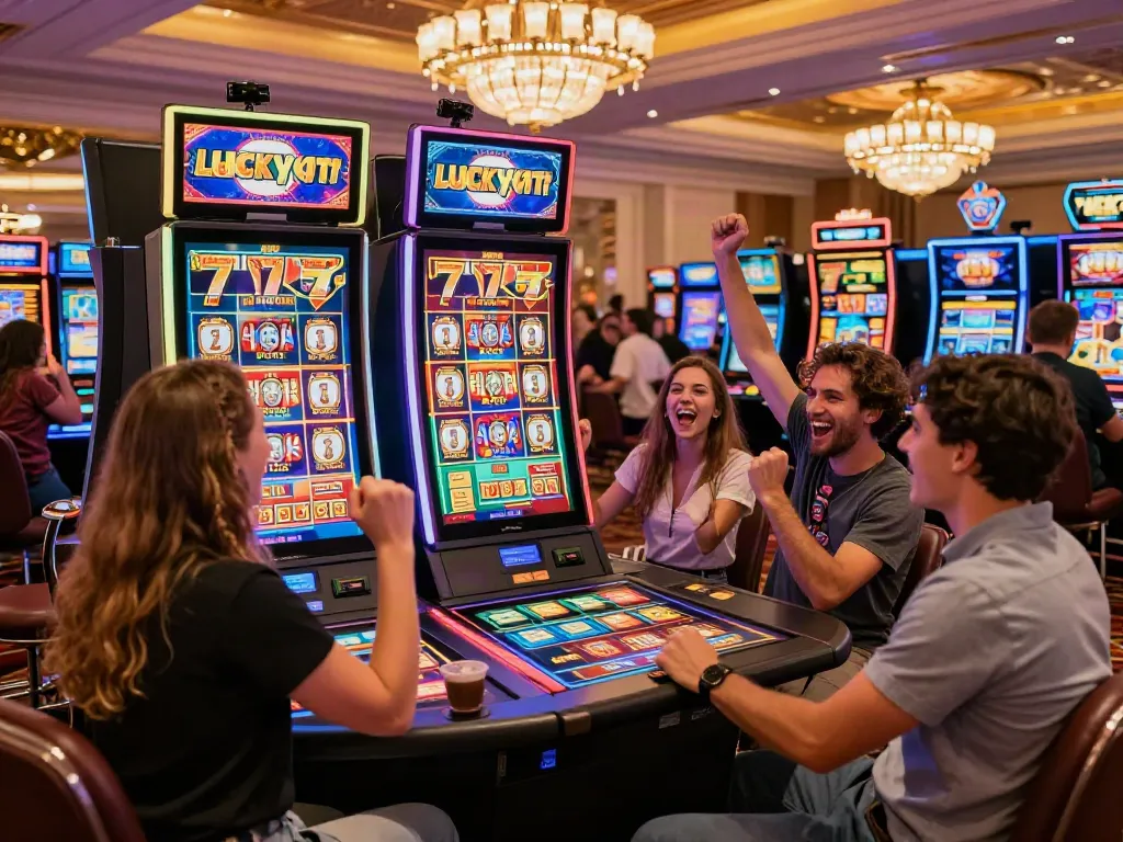 Exciting casino atmosphere with friends enjoying Lucky777 slot machine gameplay.