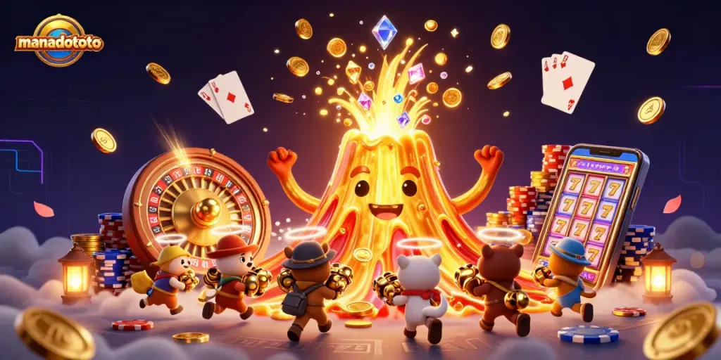 Join the excitement of manadototo with vibrant treasures and a triumphant volcano in this action-packed scene.