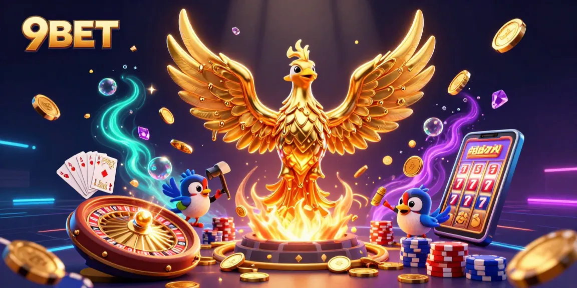 Experience the thrill of 9BET with golden phoenix and vibrant casino elements.