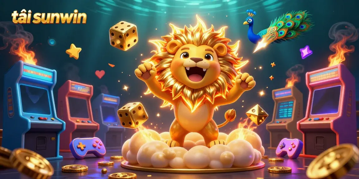 Win big at Sunwin with our golden lion mascot surrounded by vibrant gaming elements, tải sunwin for endless fun!