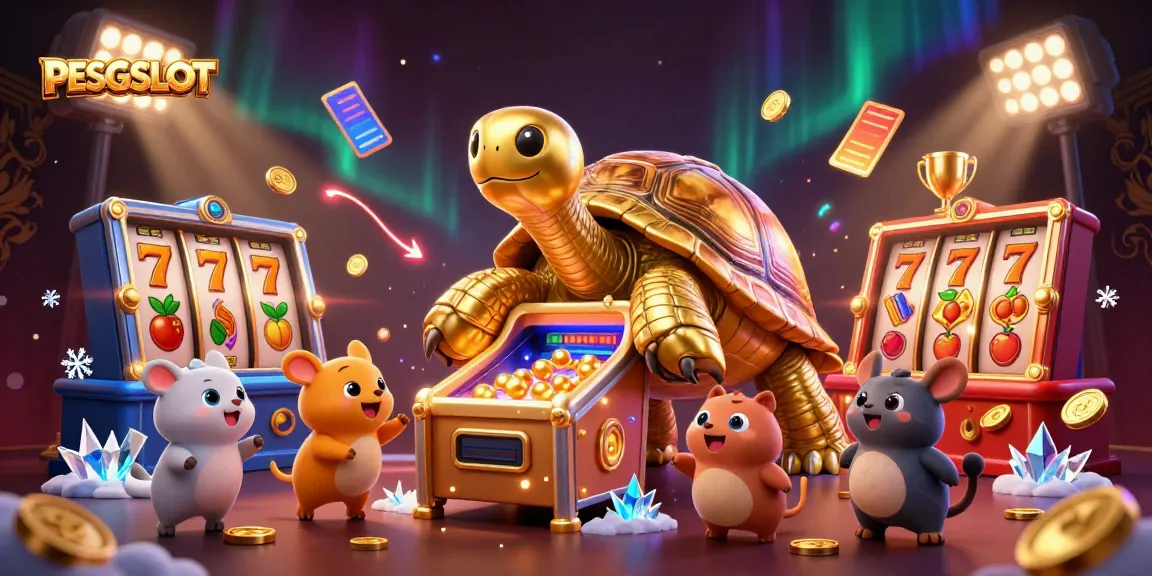 Gambarkan PESGSLOT dengan kura-kura emas yang berfungsi sebagai mesin pinball, dikelilingi simbol slot yang mengesankan.