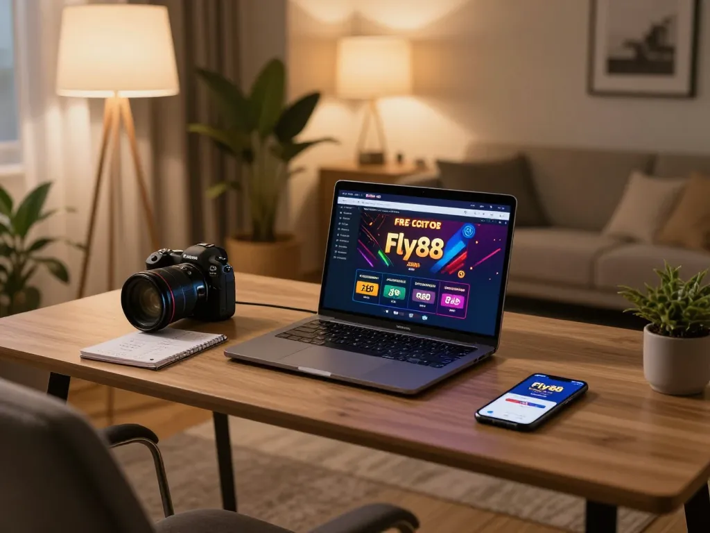 Player engaging with Fly88 free online casino on a laptop at home, showcasing a cozy gaming environment with warm lighting.