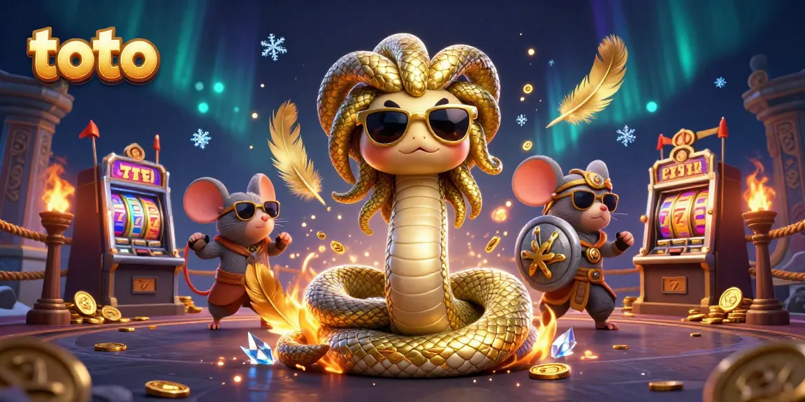 Spin the reels of the toto lottery in this vibrant casino illustration featuring Medusa and friends.