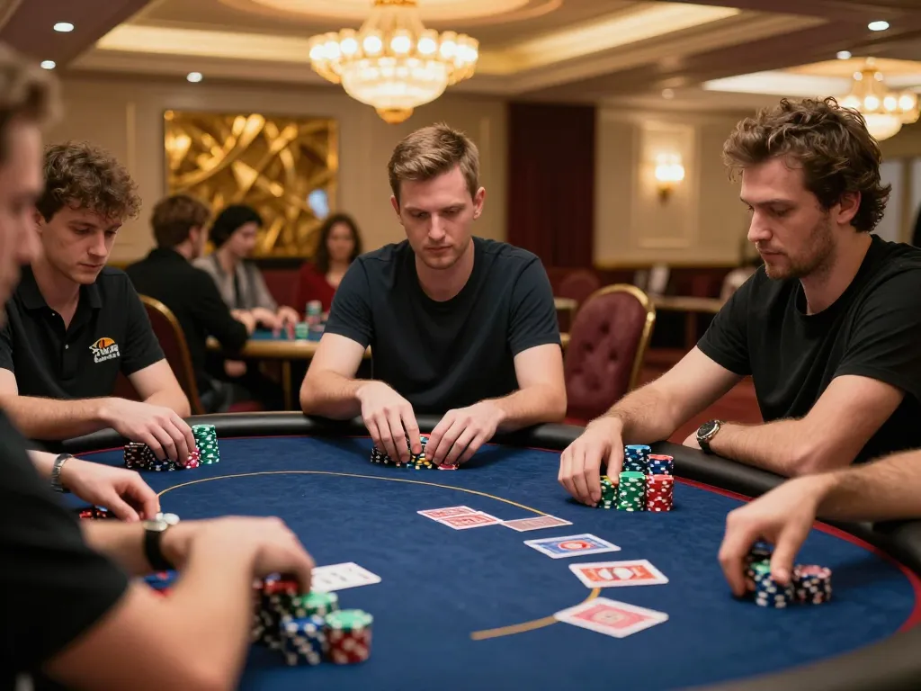 Players engaged in high-stakes poker at HIT CLUB casino table with colorful chips and cards