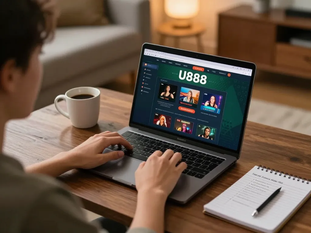 Engaging in online gaming with U888 on a laptop, showcasing strategic betting environment.