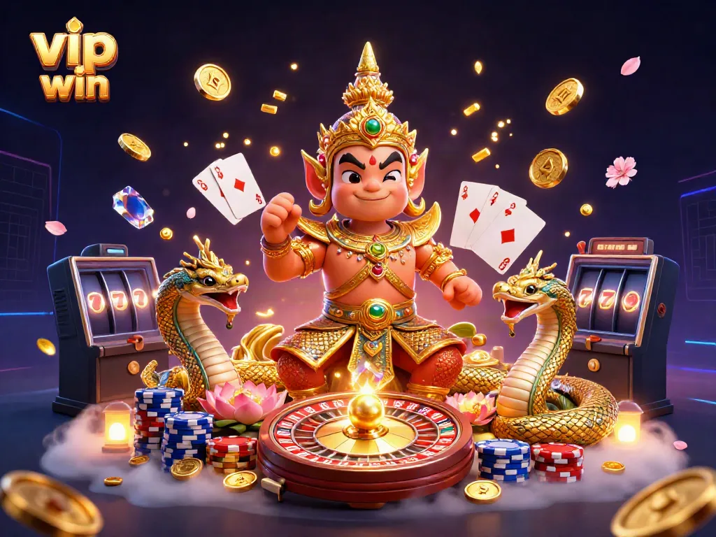 Experience the excitement of vip win with a lively casino scene featuring mythical characters and dynamic gaming elements.