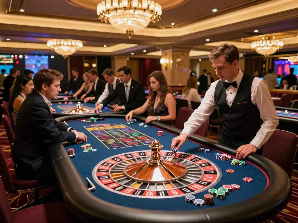 Experience the excitement of roulette at 77WIN with players engaging and betting in a luxurious casino.