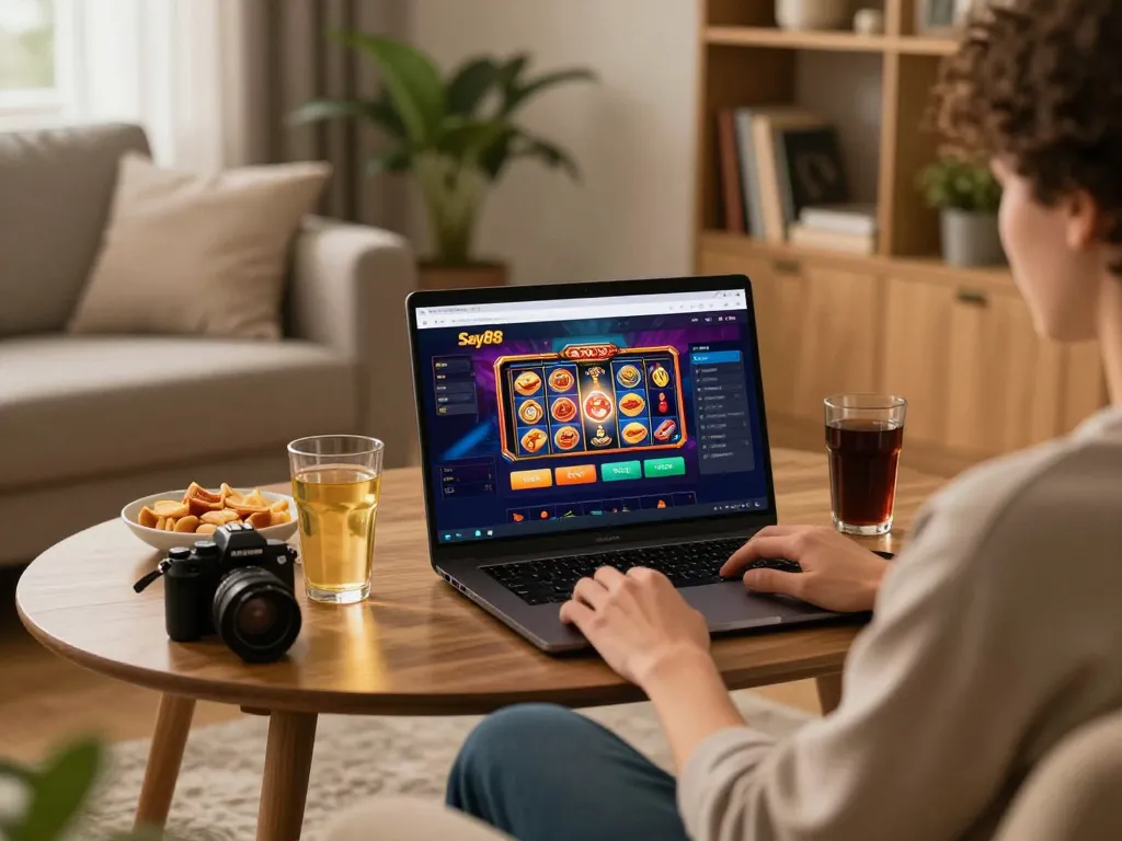 Engaging in online gaming at Say88, a player enjoys a vibrant casino interface in a cozy home setting.