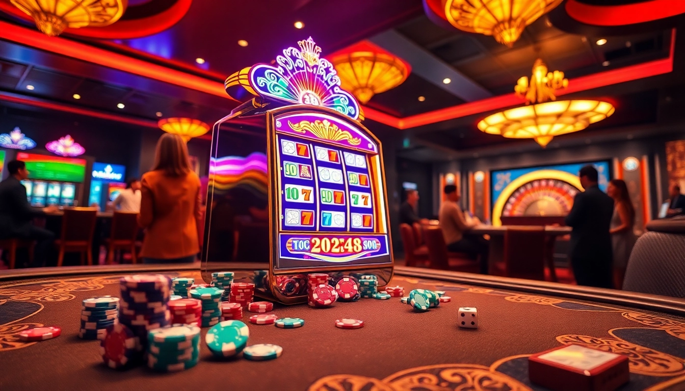 Reel aman788 slot gacor berputar di lingkungan kasino yang cerah dengan chip poker dan dadu.