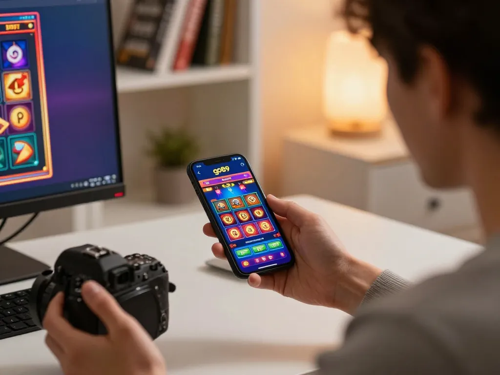 Playing go89 slot games on a smartphone in a modern home office setting.