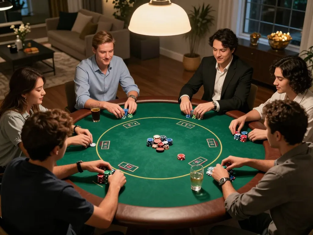 Engaged players at the best casino uden ROFUS enjoying a lively poker game night with chips and cards