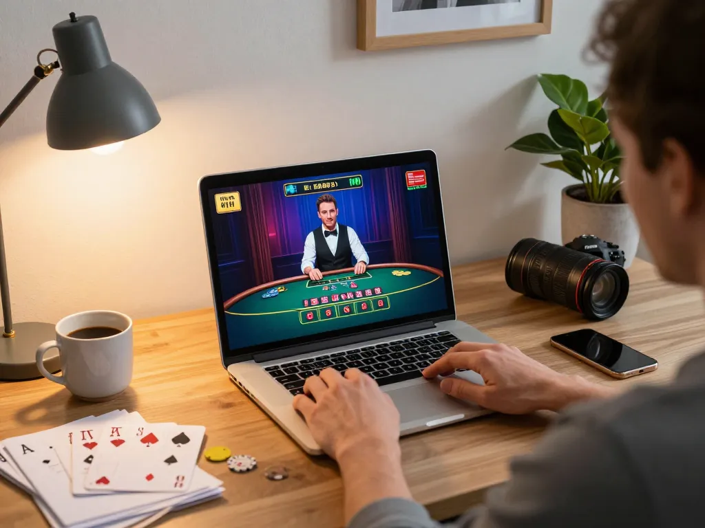 Engaging online gaming scene with go99com blackjack interaction on laptop in stylish environment.