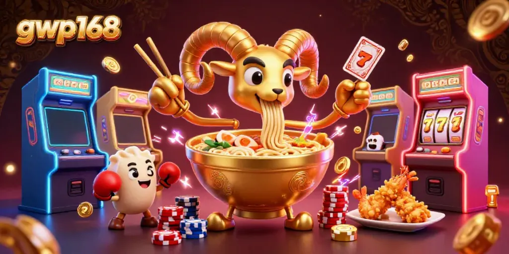 GWP168 membawa kegembiraan permainan kasino dengan karakter kartun ramen dan elemen slot interaktif.