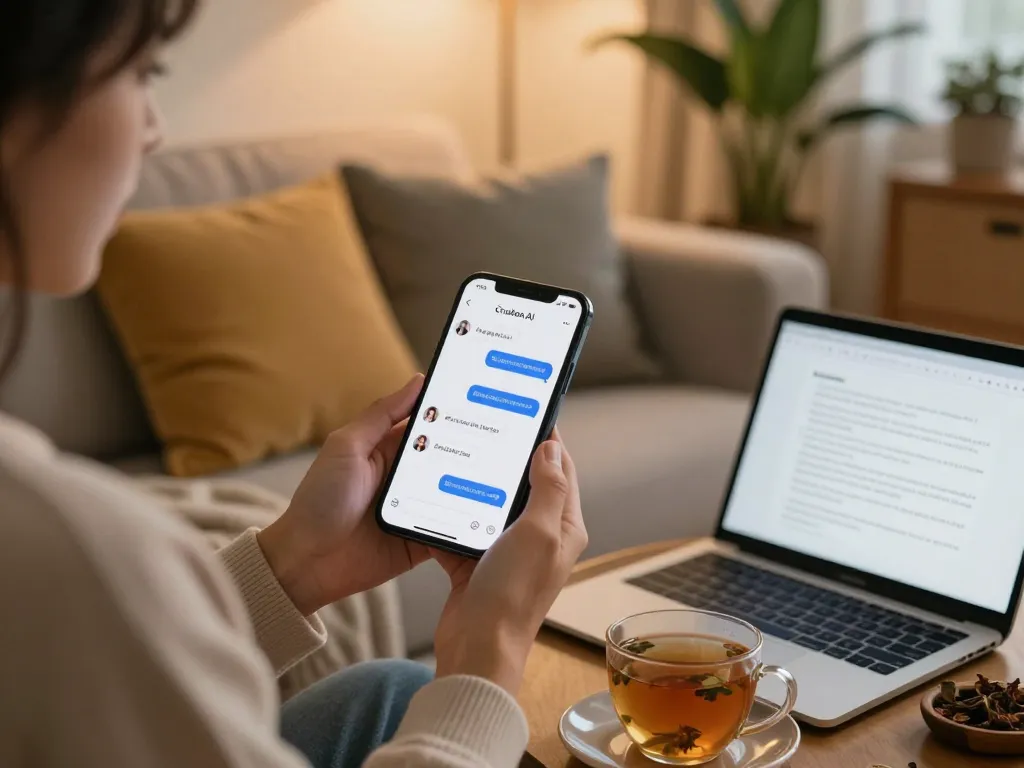 Engaging in ai sex chat on a digital device in a cozy home setting with warm lighting and personal touches.