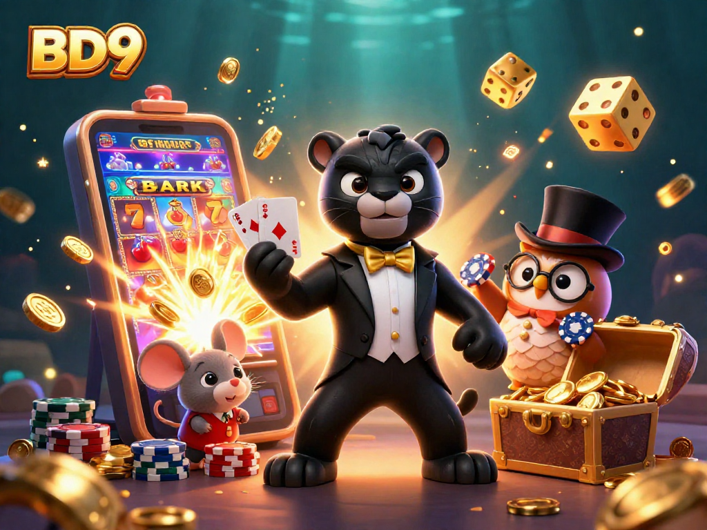 Engage with the exciting world of BD9 online casino featuring iconic characters amid vibrant casino elements.