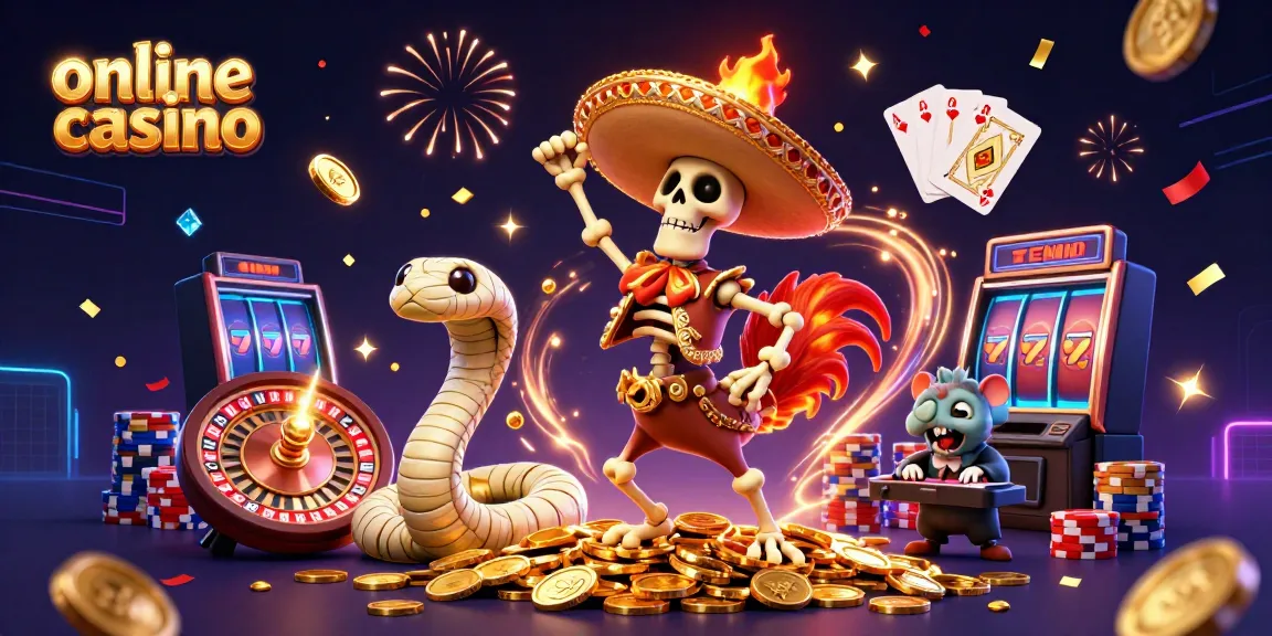 Experience the thrill of online casino action with vibrant characters celebrating victories amidst golden coins and games.
