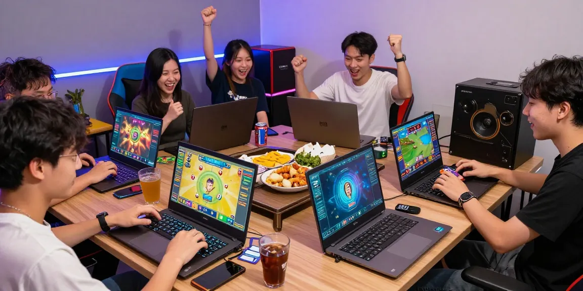 Engaging group playing gamebaidoithuong online with colorful game displays and celebratory atmosphere
