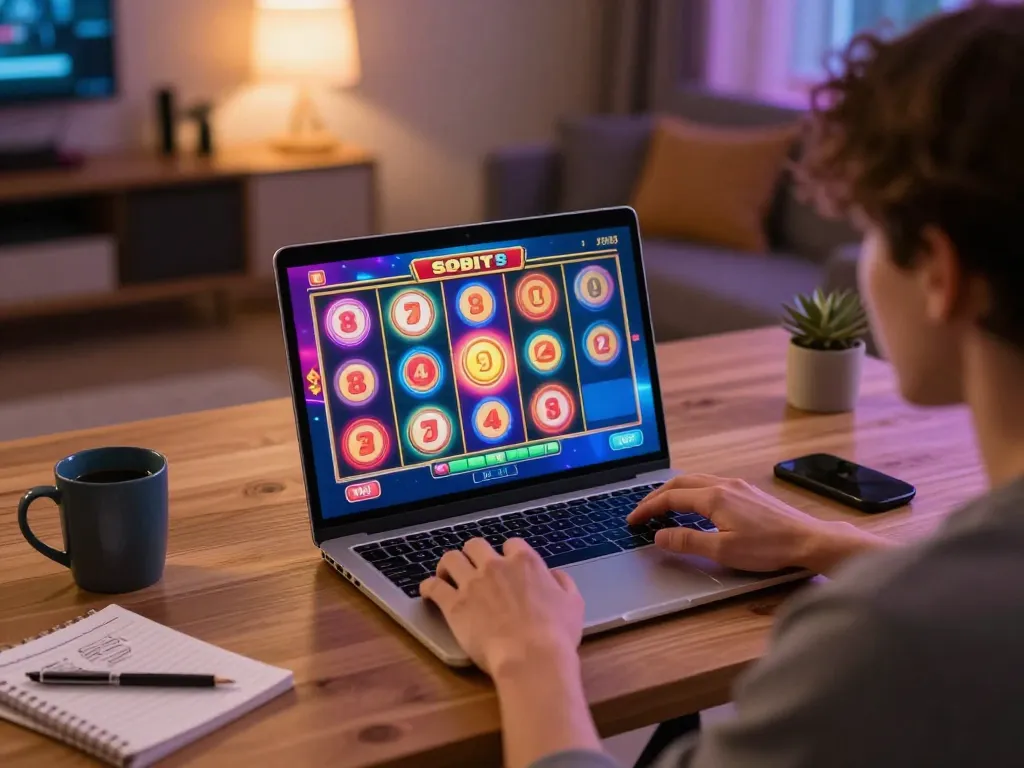 Engaging gameplay on situs slot at home, showcasing excitement while hitting the spin button.