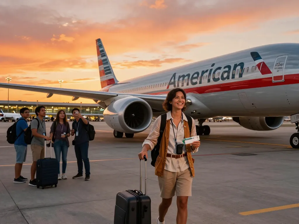 Passenger excitedly boarding the American Airlines 789P aircraft at sunset, showcasing vibrant skies and travel vibes.