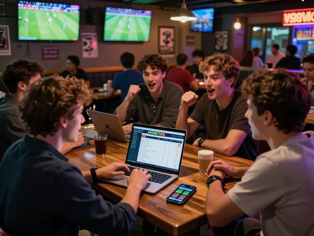 SBOBET88 sports betting enthusiast analyzing odds at a lively sports bar during live matches.