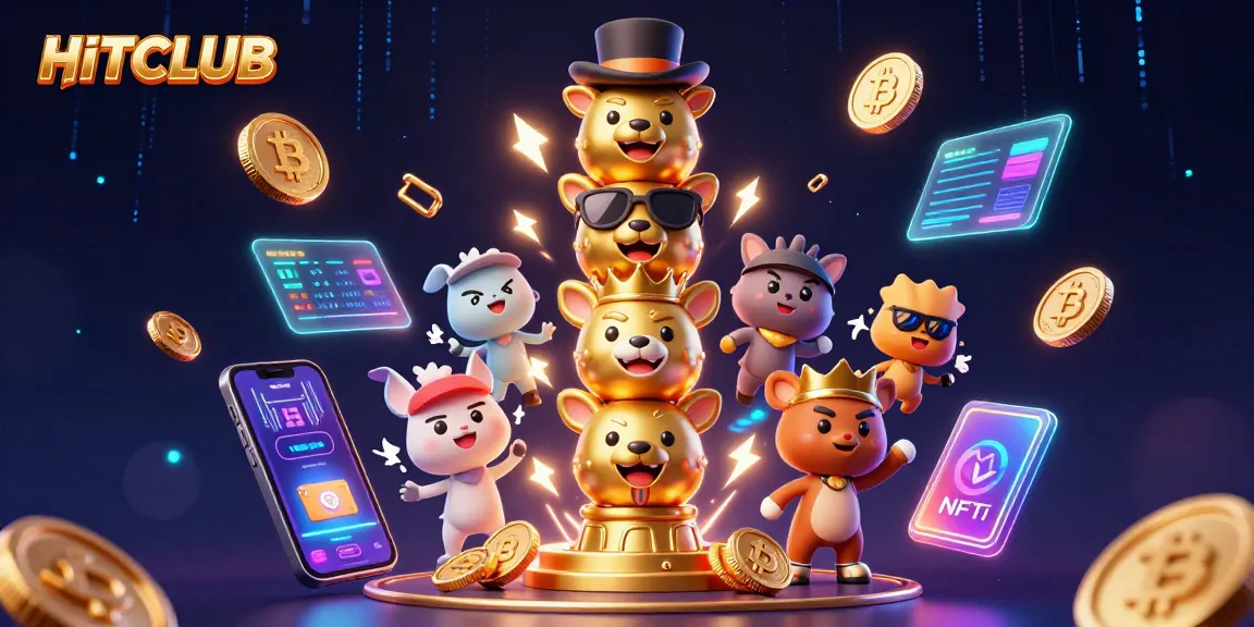 Experience winning moments at HITCLUB with vibrant 3D casino-themed illustration, showcasing playful casino elements.