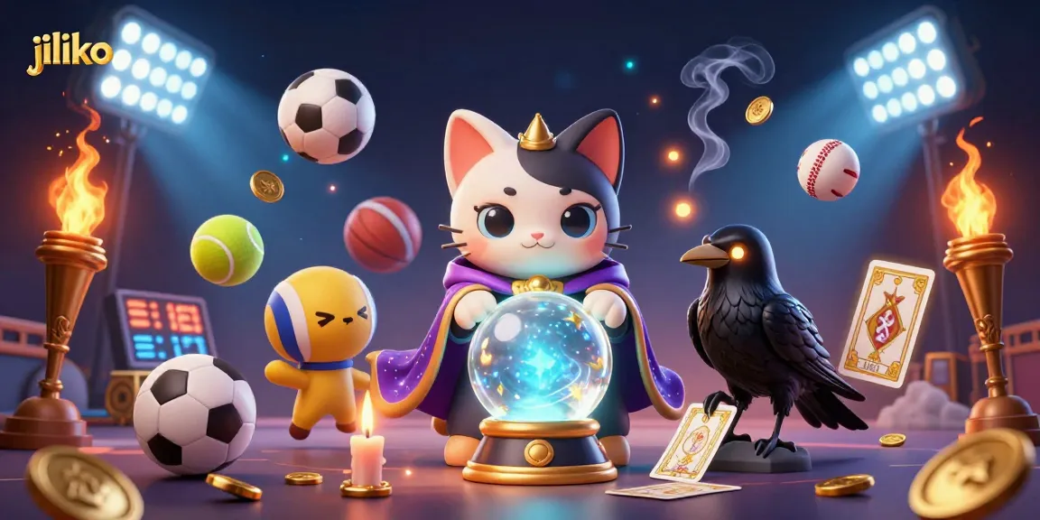 jiliko offers a vibrant scene of a mystical cat and raven amidst dynamic sports betting elements.