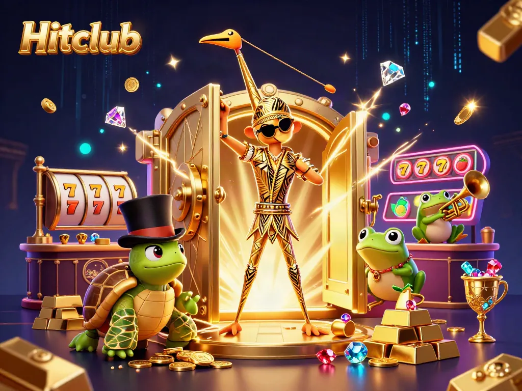 Experience exciting gameplay at Hitclub with vibrant characters, slot reels, and dazzling treasures.