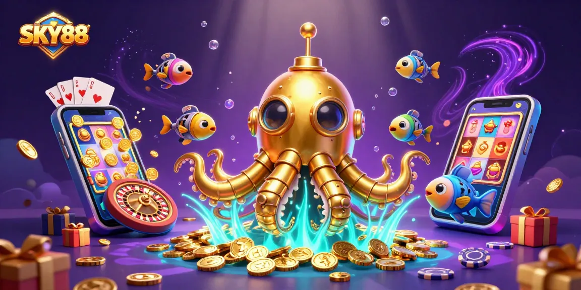 Spin to win at SKY88 with the golden kraken submarine and vibrant casino elements.