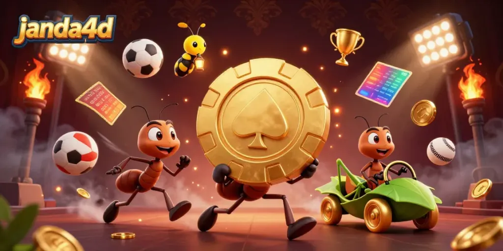 Ant tim 3D menyeret chip poker emas raksasa di dalam terowongan sebagai bagian dari permainan janda4d.