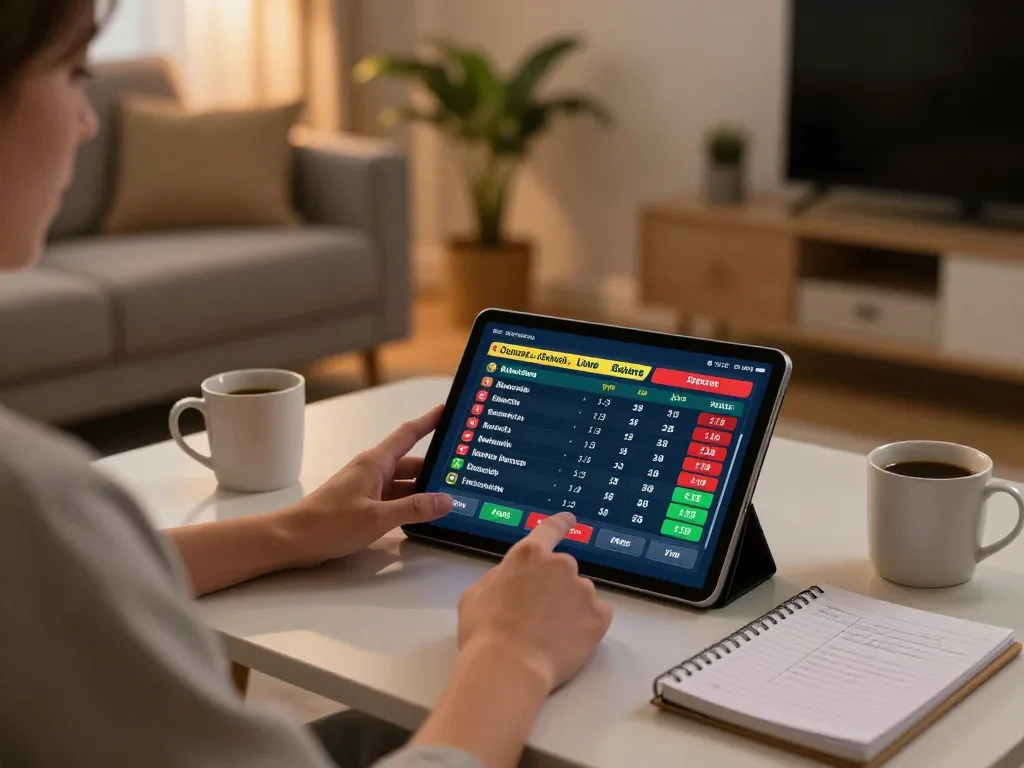 Engaging in sports betting with UFA370 on a tablet in a cozy home environment, showcasing responsible gaming.