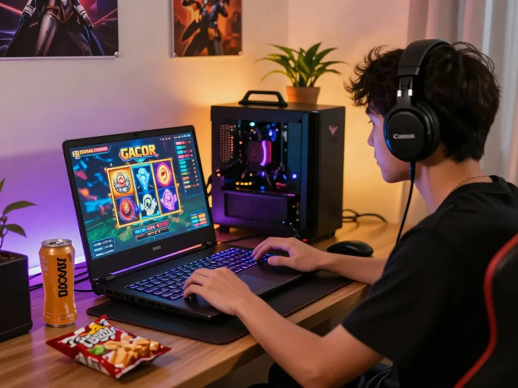 Engaged player enjoying a SLOT GACOR game on a vivid gaming laptop in a cozy setup.