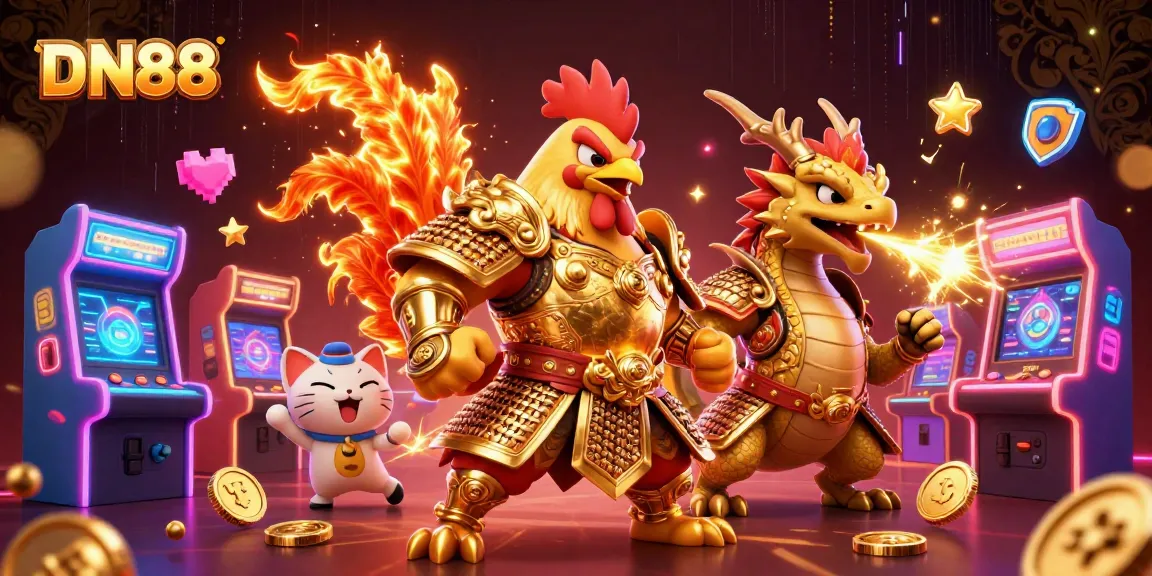 Experience thrilling gameplay at DN88 with an armored rooster warrior, dragon hatchling, and vibrant casino elements.