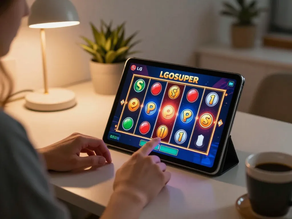 Player enjoying LGOSUPER slot experience on a tablet in a cozy home setting.