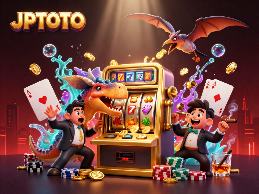 Experience the thrill with JPTOTO as a pachycephalosaurus headbutts a slot machine, triggering a jackpot!