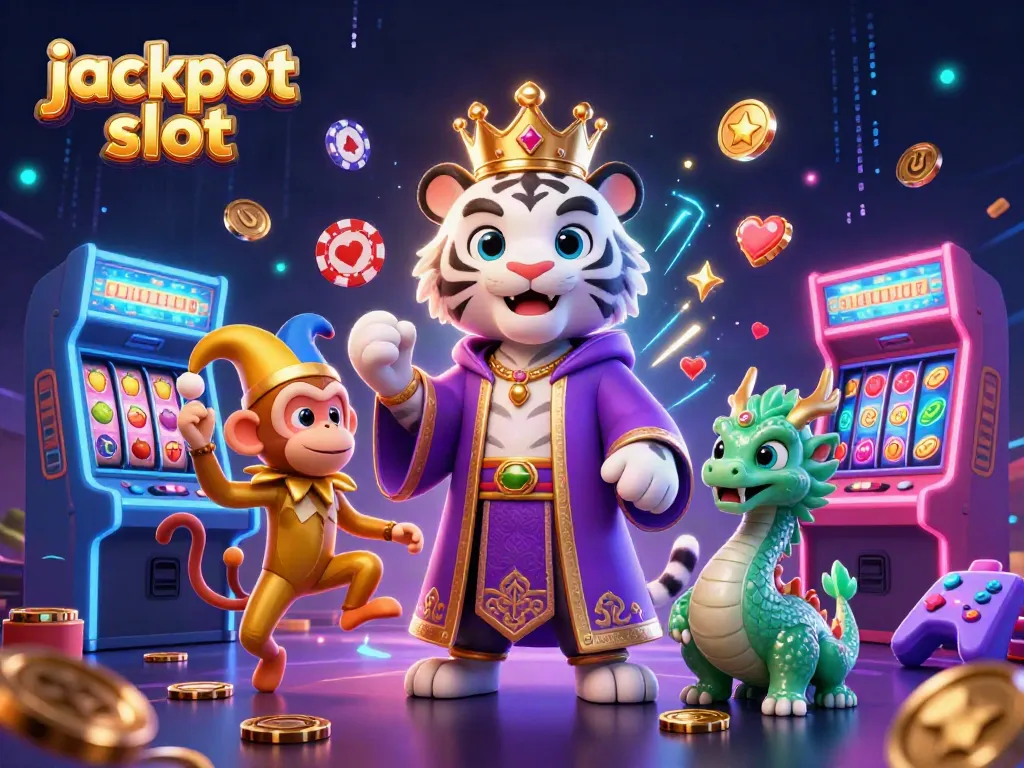 Spin the jackpot slot with a lively scene of a white tiger, golden monkey, and jade dragon surrounded by colorful gaming elements.