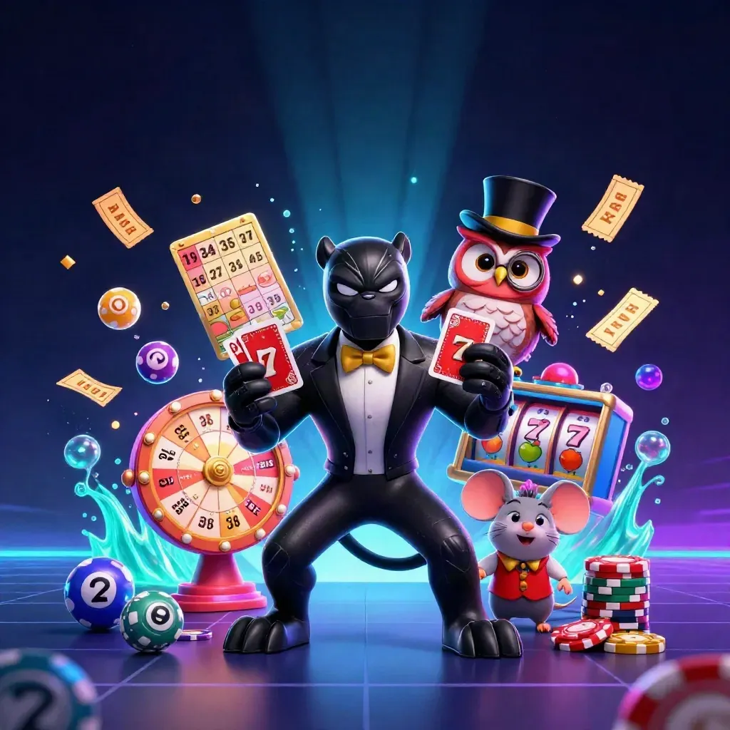 Panther, owl, and mouse amid neon casino relics in a cosmic cyan splash scene.