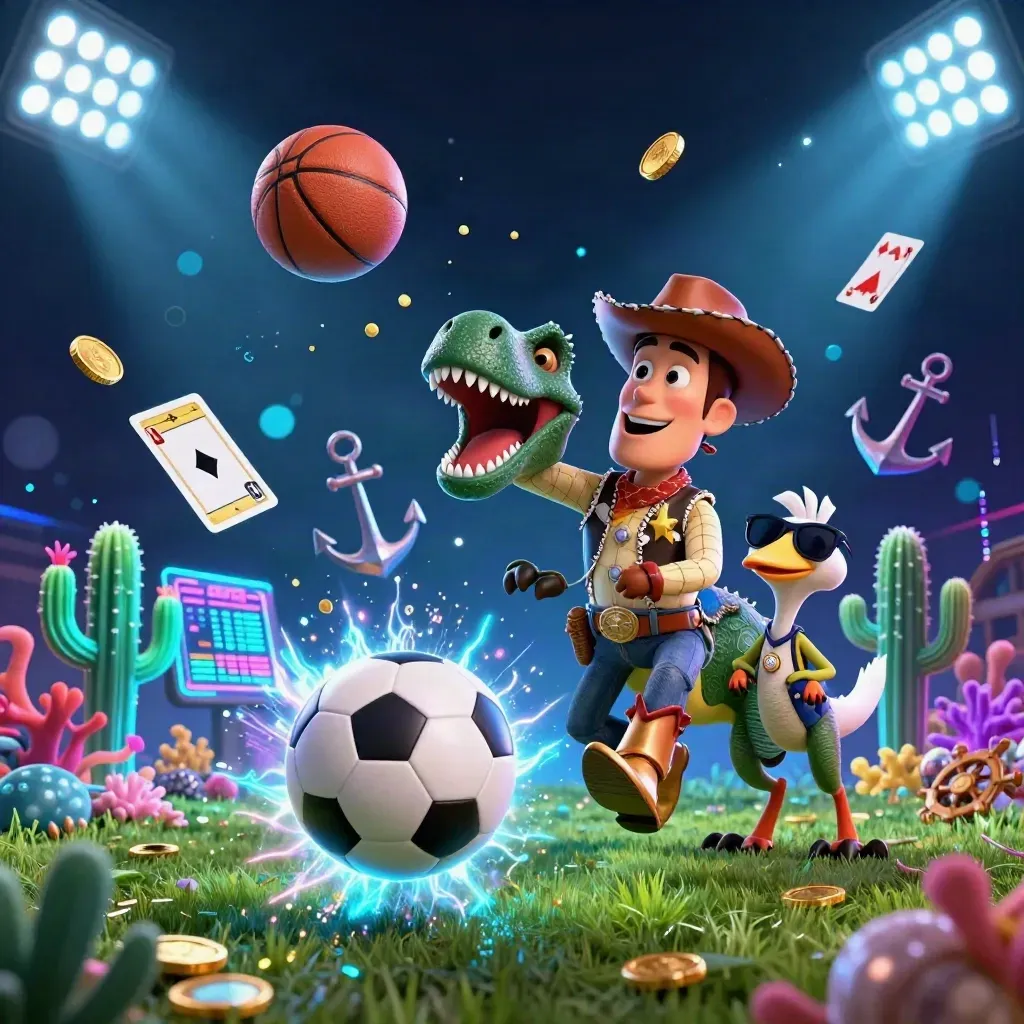 Cowboy T-Rex, cactus sidekick, and roadrunner frame a flying soccer ball in neon space chaos.