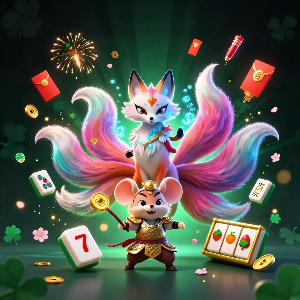 Nine-tailed fox spirit and armored mouse amid neon casino charms, coins, lanterns, and fireworks.