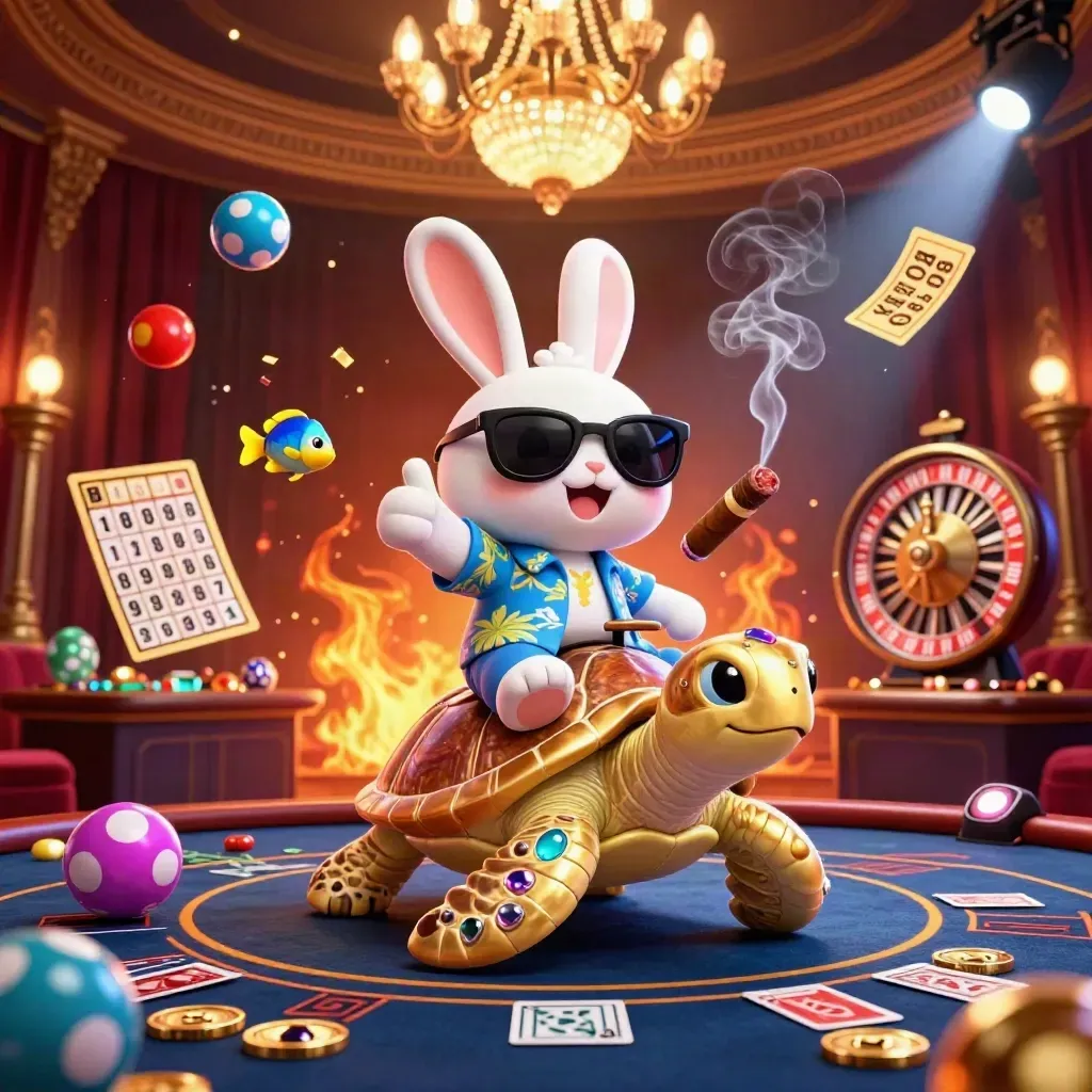 Cartoon rabbit on golden turtle in a glowing casino room with roulette, balls, cards and ember light.