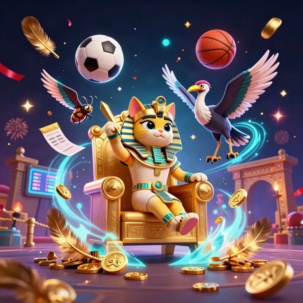Pharaoh cat, ibis scribe, scarab beetles, balls, casino coins, and neon cosmic effects.