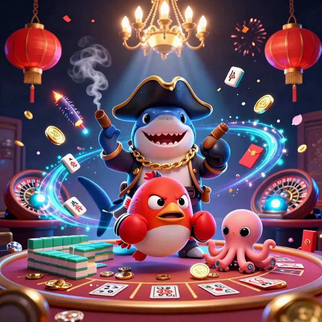 Shark captain, pufferfish, and octopus amid casino luxury, coins, lanterns, fireworks, and neon glow.