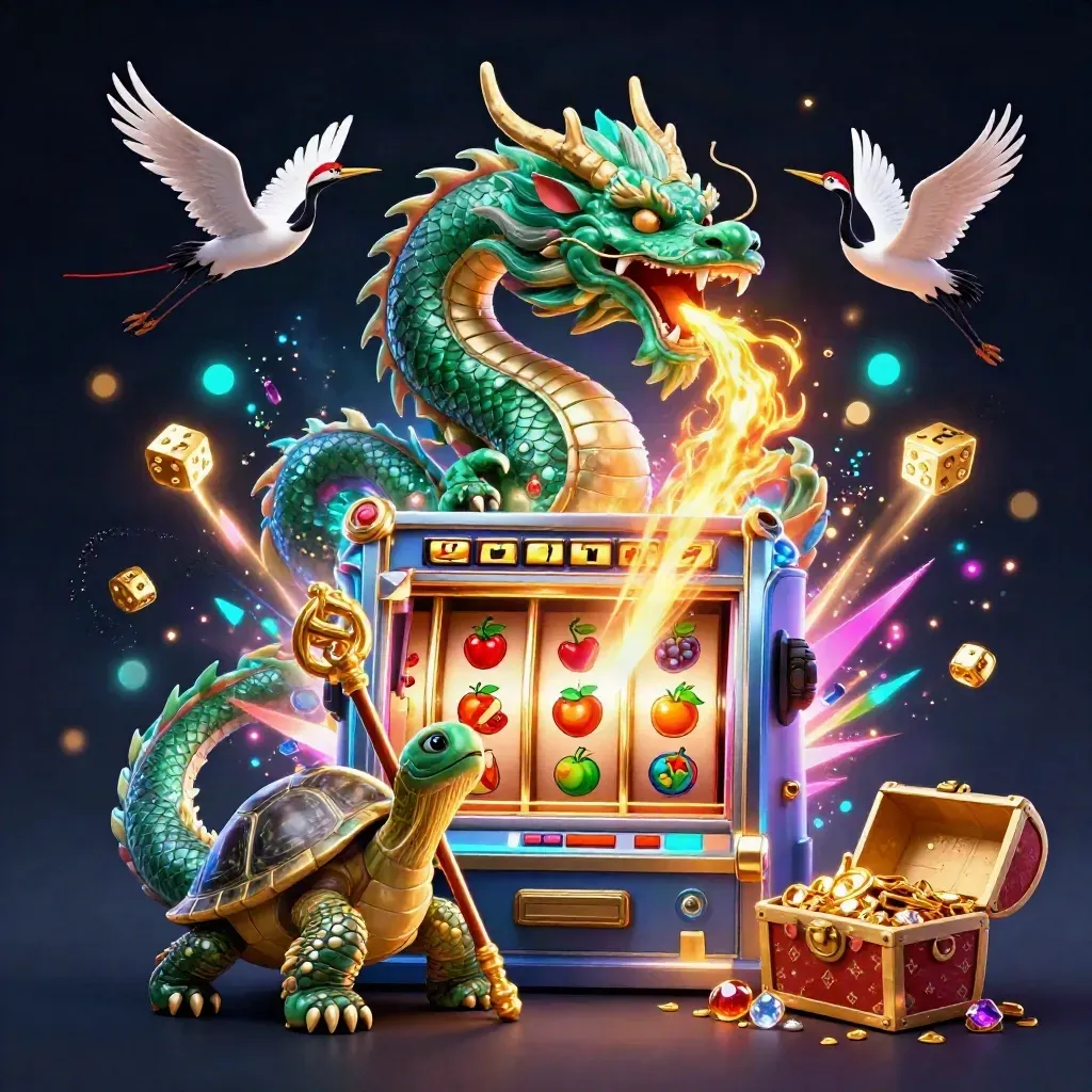 Emerald dragon, turtle sage and ribbon cranes amid a bursting slot machine, gold, gems and neon energy.