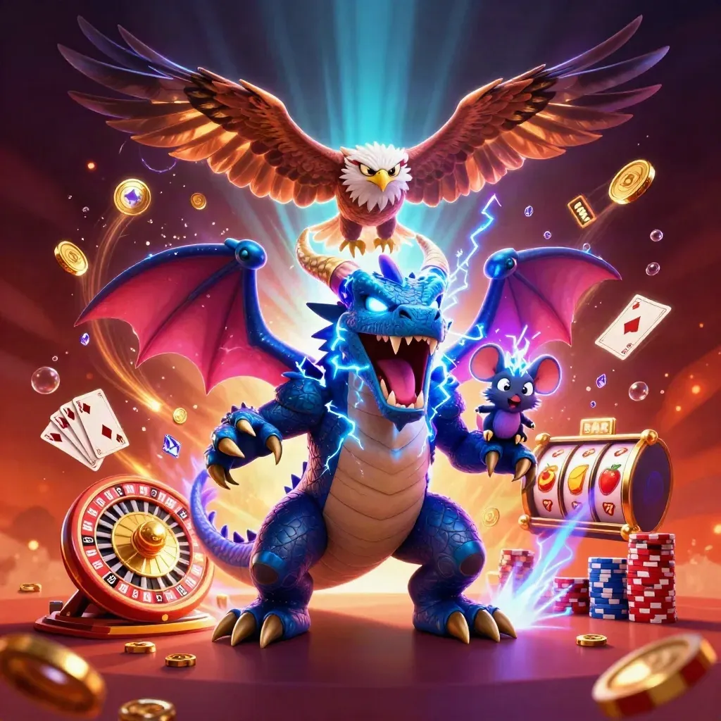 Thunder dragon, wind hawk, and static mouse amid casino treasures and neon cyan energy.