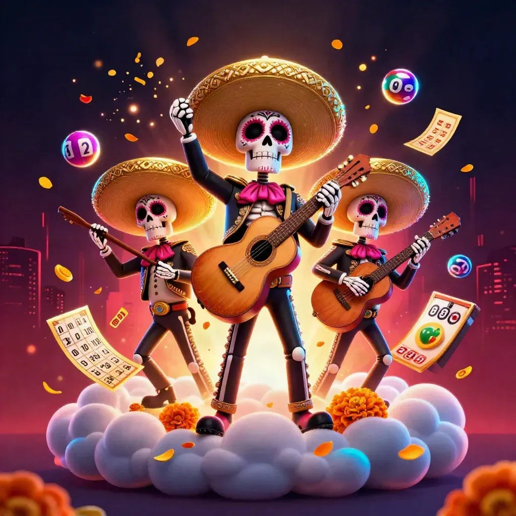 Three skeleton mariachi heroes explode with casino luck, balls, tickets, and neon cosmic light.