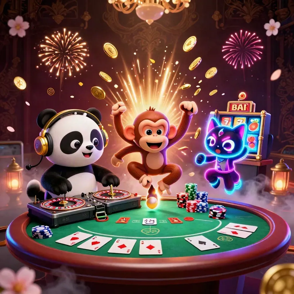 DJ panda, monkey, and glow kitten amid casino chips, coins, fireworks, and neon space glamour