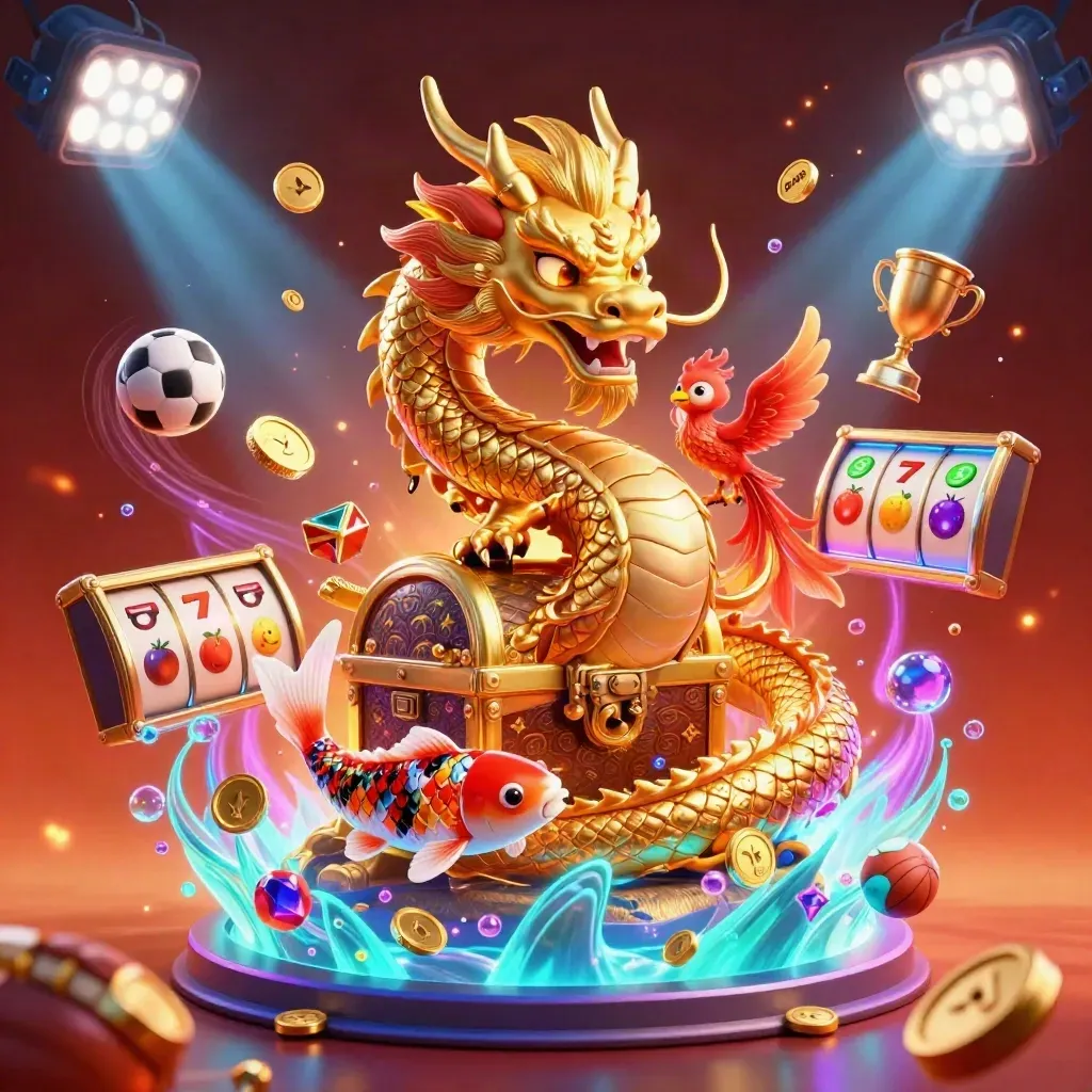 Golden dragon, phoenix, and koi burst with coins, sports balls, trophy, and cyan neon effects.