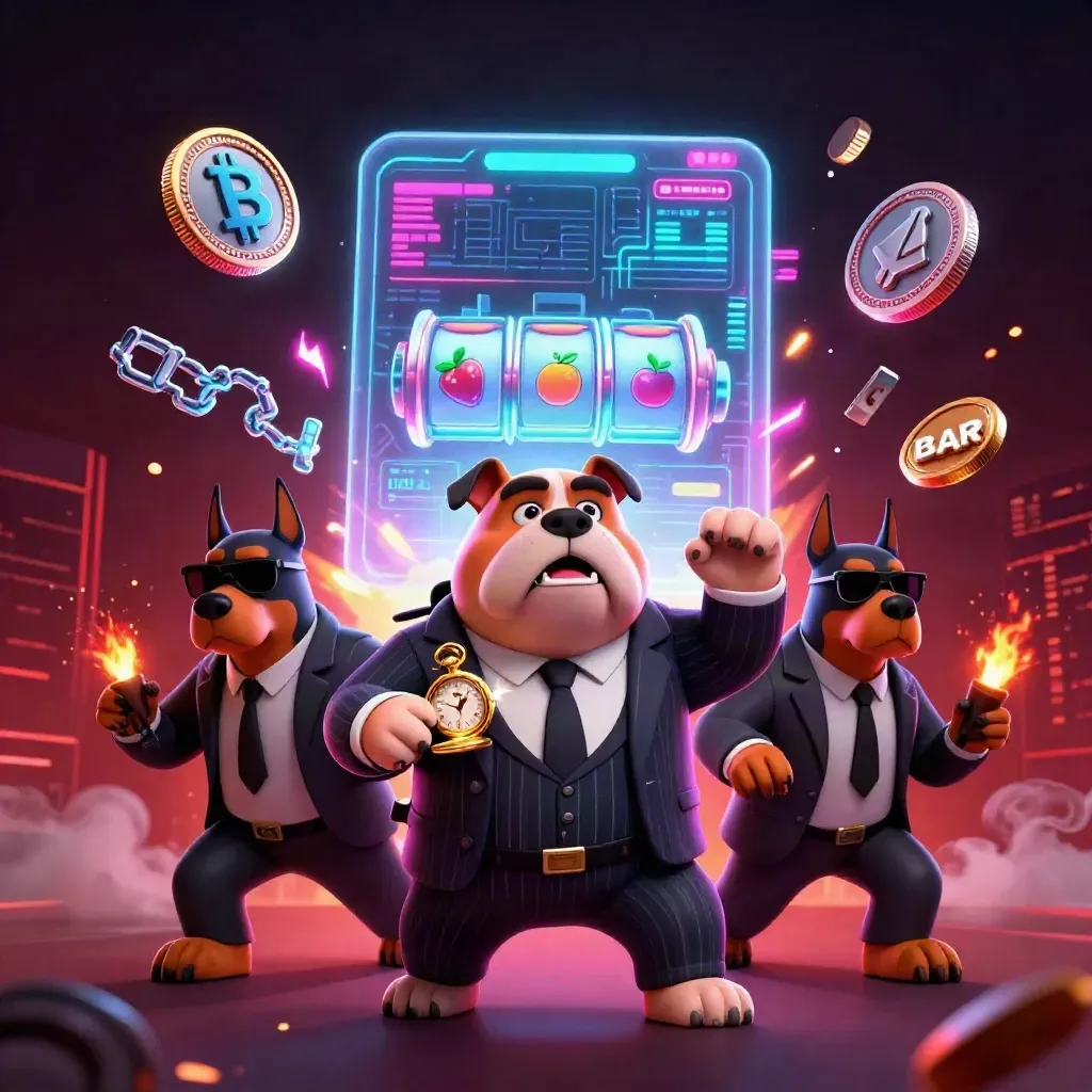 Bulldog mafia boss with two bodyguards amid coin bursts, neon crypto effects and casino fireworks.