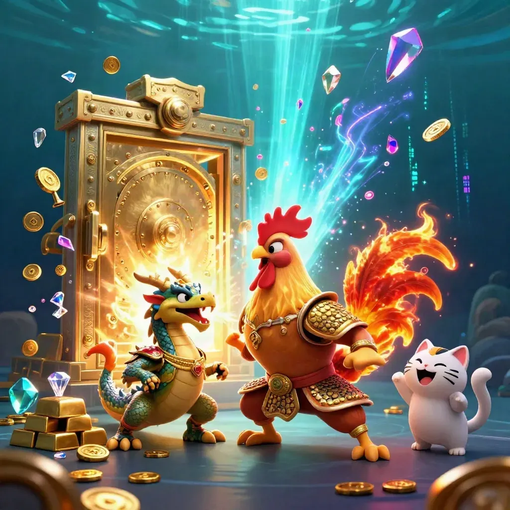 Rooster warrior, dragon hatchling and fortune cat amid vault gold and neon sparks.