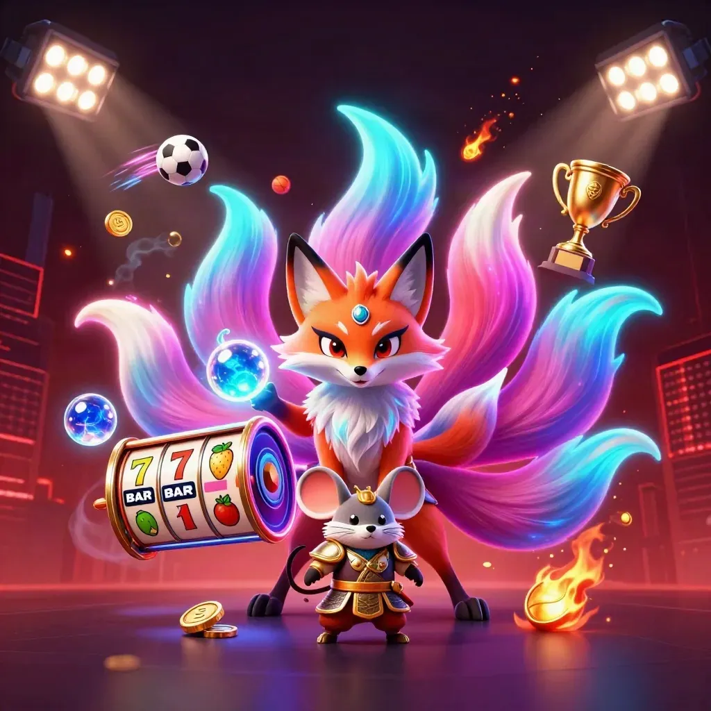 Neon nine-tailed fox spirit with armored mouse, flying balls, reels, coins and cosmic casino lights.